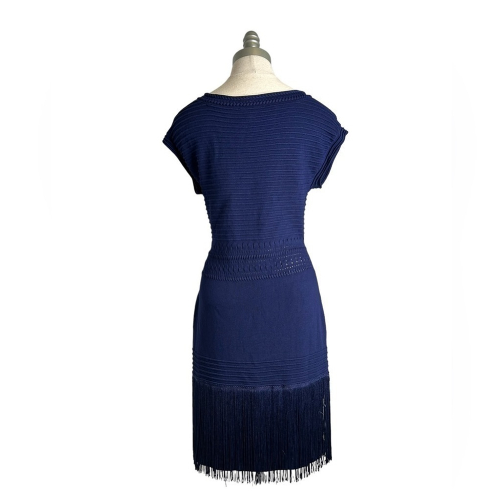 Venus Navy Blue Short Sleeve Cocktail Fringe Sweater Knit Dress Size Medium - Picture 7 of 14